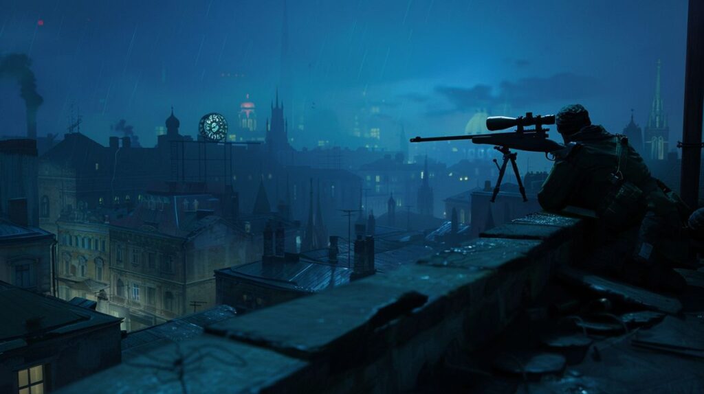 Szene aus einem Sniper-Film mit Zielfernrohrblick auf ein entferntes Ziel